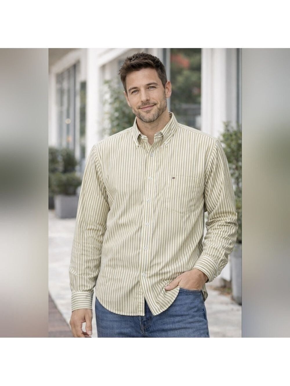Tommy Hilfiger Olive Striped Button Down Shirt Mens Large Classic Preppy